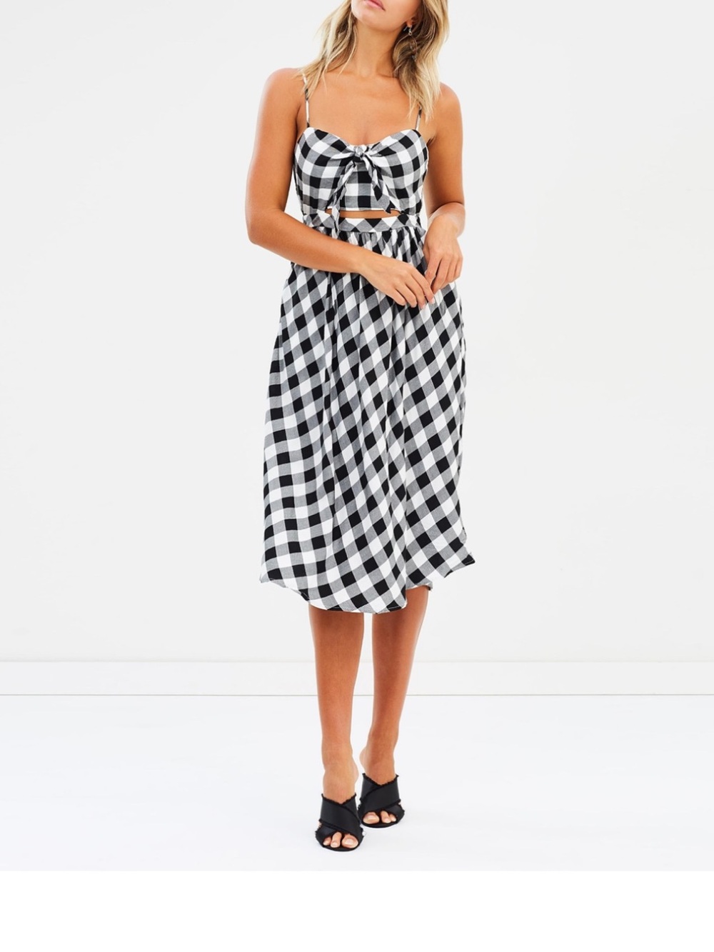 Gingham Tie-Front Midi Dress in Black & White